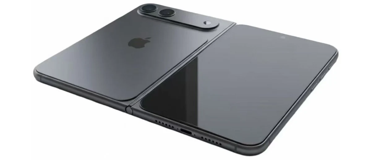 składany smartfon marki Apple z dwoma obiektywami aparatu i dużym, lśniącym ekranem, wykończony w kolorze czarnym, z widocznym logo firmy na tylnej części obudowy