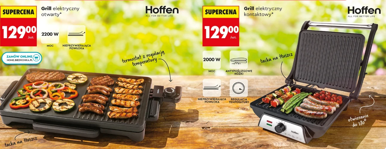 Dwa elektryczne grille Hoffen prezentujące przygotowywane na nich różnorodne potrawy – na pierwszym grillowane kiełbasy, mięsa i warzywa, na drugim szaszłyki, mięsa i warzywa; oba urządzenia podkreślone opisami swoich funkcji, takie jak moc 2000 W, reg...