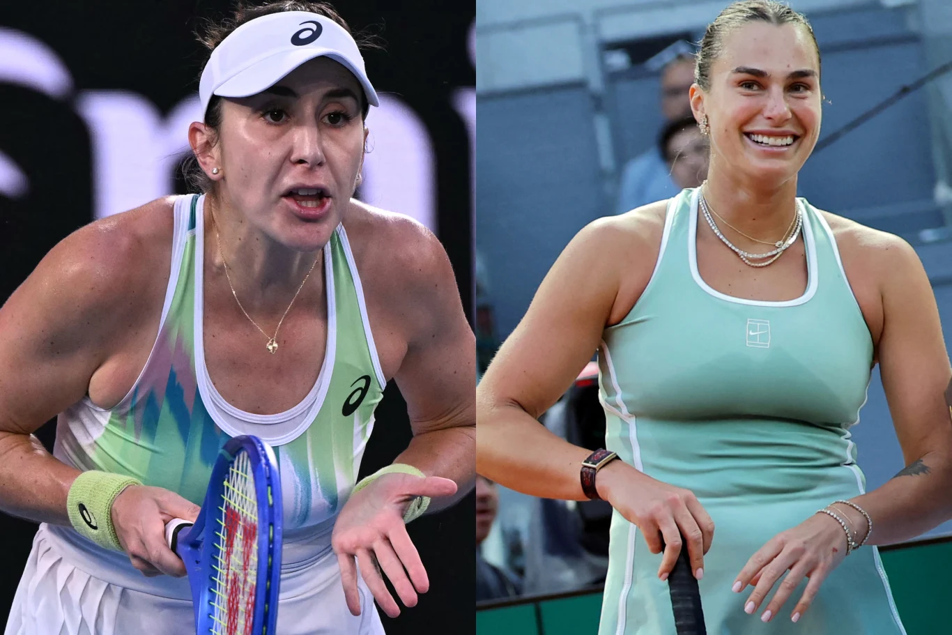 Belinda Bencic i Aryna Sabalenka. Mogły zagrać o półfinał w Rzymie. Do tego meczu nie dojdzie Dwie kobiety w sportowych strojach tenisowych; po lewej zawodniczka w jasnej opasce i wyraźnym geście frustracji, po prawej uśmiechnięta kobieta trzymająca rakietę.