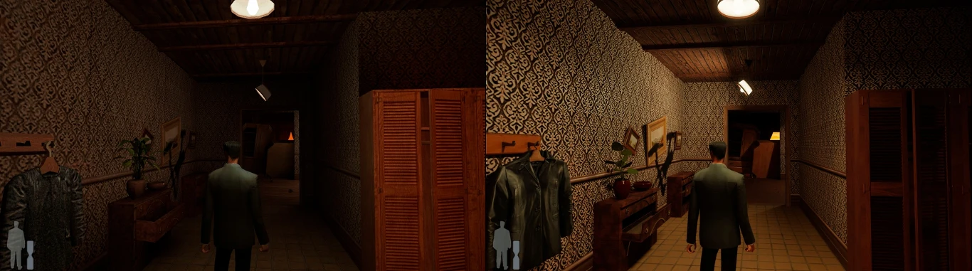 Max Payne i RTX Remix Mężczyzna w ciemnym garniturze stoi tyłem w wąskim, przytulnie urządzonym korytarzu z tapetowanymi ścianami, jasnym oświetleniem i szafą oraz wieszakiem na ubrania po lewej stronie; na prawej ścianie wiszą dwa obrazy, a w głębi widoczna jest szafka z r...