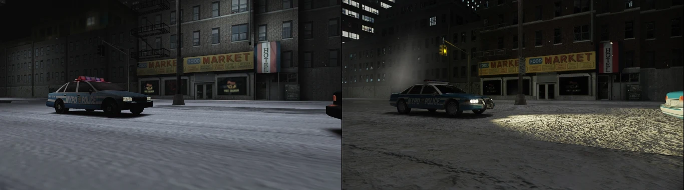 Max Payne i RTX Remix Radiowóz policyjny z włączonymi światłami stoi na ośnieżonej ulicy przed kamienicą z widocznym napisem MARKET, w tle ciemna noc i oświetlone okna budynków.