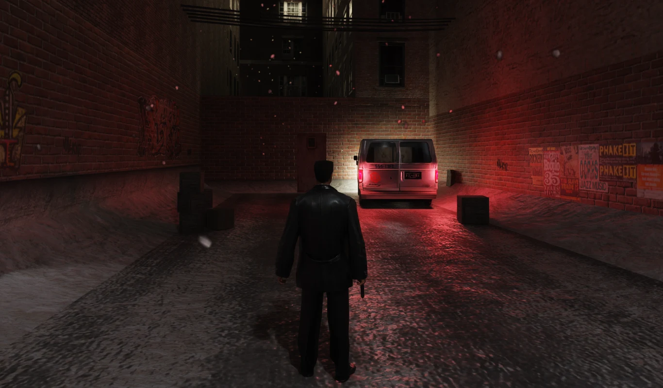 Max Payne Max Payne, mężczyzna z pistoletem w ciemnym płaszczu, stoi nocą w czerwono oświetlonej alejce przy białym vanie.