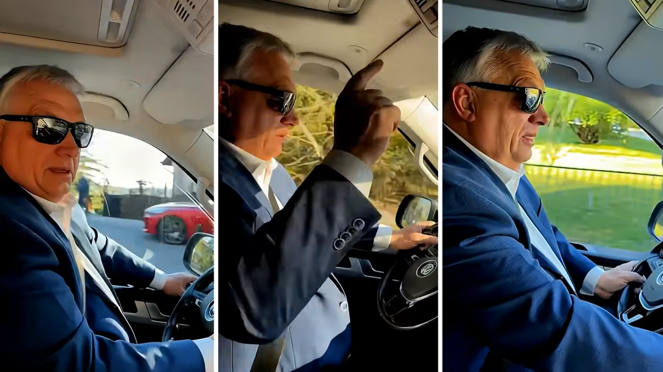 Viktor Orban tańczący do piosenki o Fideszu Viktor Orban w garniturze i okularach słonecznych prowadzi samochód, widziany z różnych perspektyw przy kierownicy.