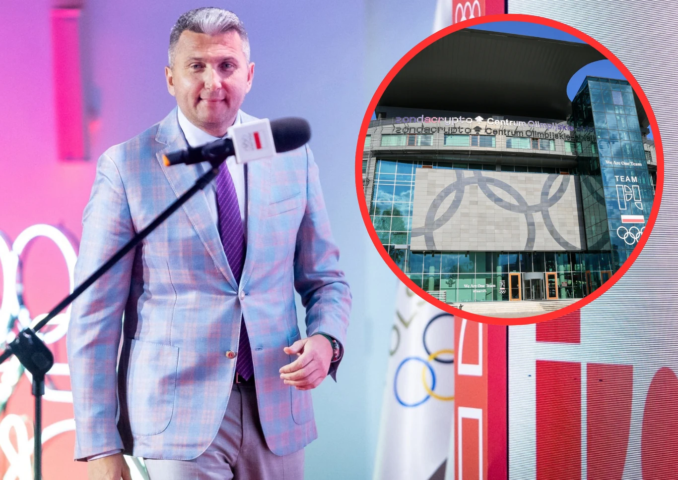 Radosław Piesiewicz wpadł w objęcia zondacrypto i teraz zawodnicy mają kłopoty. mężczyzna w jasnym garniturze i fioletowym krawacie stoi obok mikrofonu na tle symboli olimpijskich, z prawej strony widoczne wstawione zdjęcie budynku z dużymi pierścieniami olimpijskimi oraz napisem TEAM PL