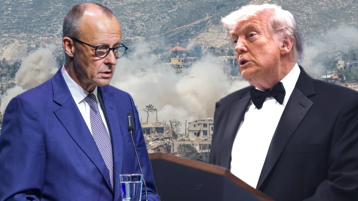 Merz stanowczo o działaniach Trumpa w Iranie. "W wojny nie wystarczy wejść" Kanclerz Niemiec Friedrich Merz oraz prezydent USA Donald Trump w garniturach, w tle sceny wojenne.