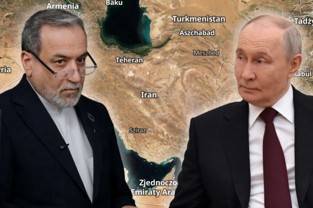 Iran i Rosja. Władimir Putin spotkał się z Abbasem Aragczim Minister spraw zagranicznych Iranu Abbas Aragczi i prezydent Rosji Władimir Putin na tle mapy Iranu
