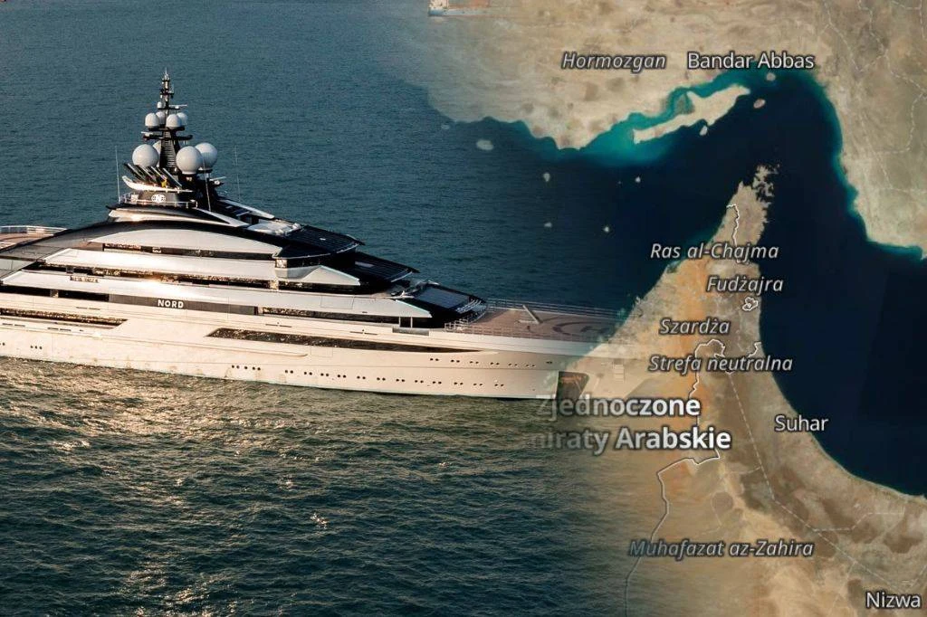 Iran. Statek z Rosji przepłynął cieśninę Ormuz. Nie jest jedyny Należący do żony oligarchy z Rosji Aleksieja Mordaszowa jacht "Nord". Obok mapa blokowanej przez Iran cieśniny Ormuz.