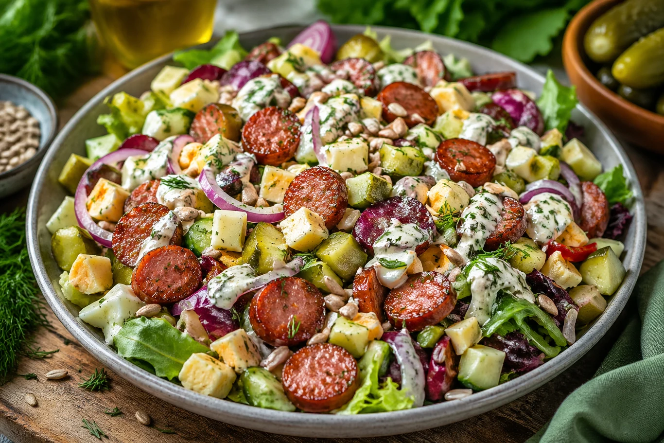 Sałatka z kawałkami kiełbasy, kostkami żółtego sera, plasterkami czerwonej cebuli i ogórka, posypana ziarnami słonecznika i świeżym koperkiem, polana kremowym sosem na mieszance zielonych liści sałaty.