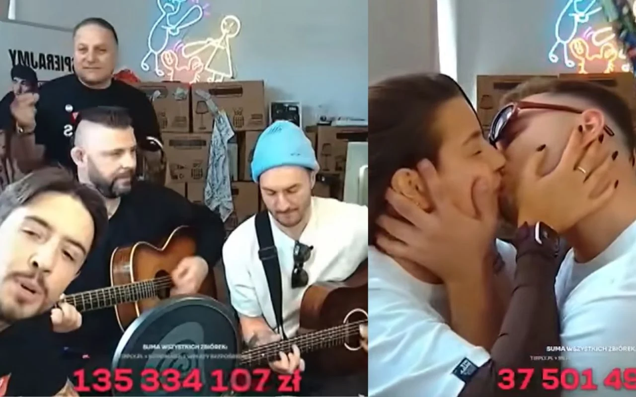 Z lewej strony grupa czterech mężczyzn grających na gitarach i śpiewających, z prawej para całująca się namiętnie; na dole widoczne czerwone liczby wskazujące kwoty w złotówkach.