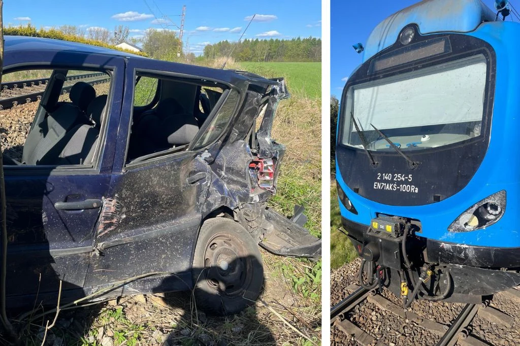 Mikołów. Skradzione auto stało na torach. Wjechał w nie pociąg Skutki zderzenia pociągu z samochodem osobowym w Łaziskach Górnych.