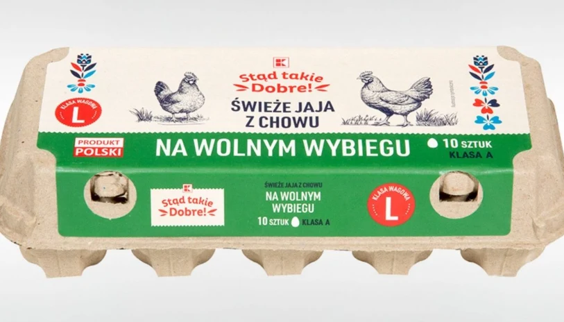 Sieć Kaufland informuje o wycofaniu ze sprzedaży jaj kartonowe opakowanie z dziesięcioma jajkami z wolnego wybiegu oznaczone etykietą zielono-białą, informacjami o klasie A i rozmiarze L, rysunkami kur oraz logo Stąd takie Dobre!