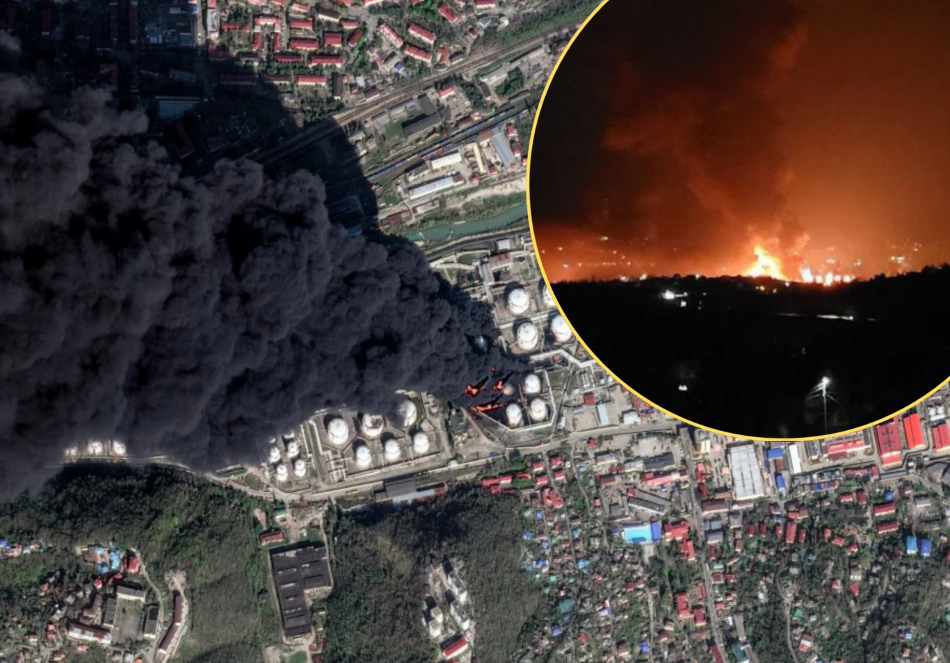 Rosja. Kłęby dymu nad miastem Tuapse po ukraińskim ataku Kłęby czarnego dymu i płomienie nad rafinerią w Tuapse po ukraińskim ataku, widok nocą i za dnia.