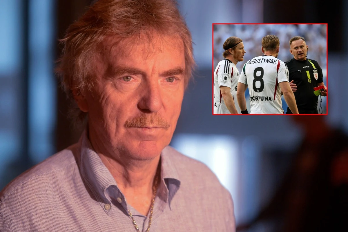 Zbigniew Boniek Zbigniew Boniek w jasnej koszuli w półprofile; w rogu zdjęcie piłkarzy Legii i sędziego na boisku.