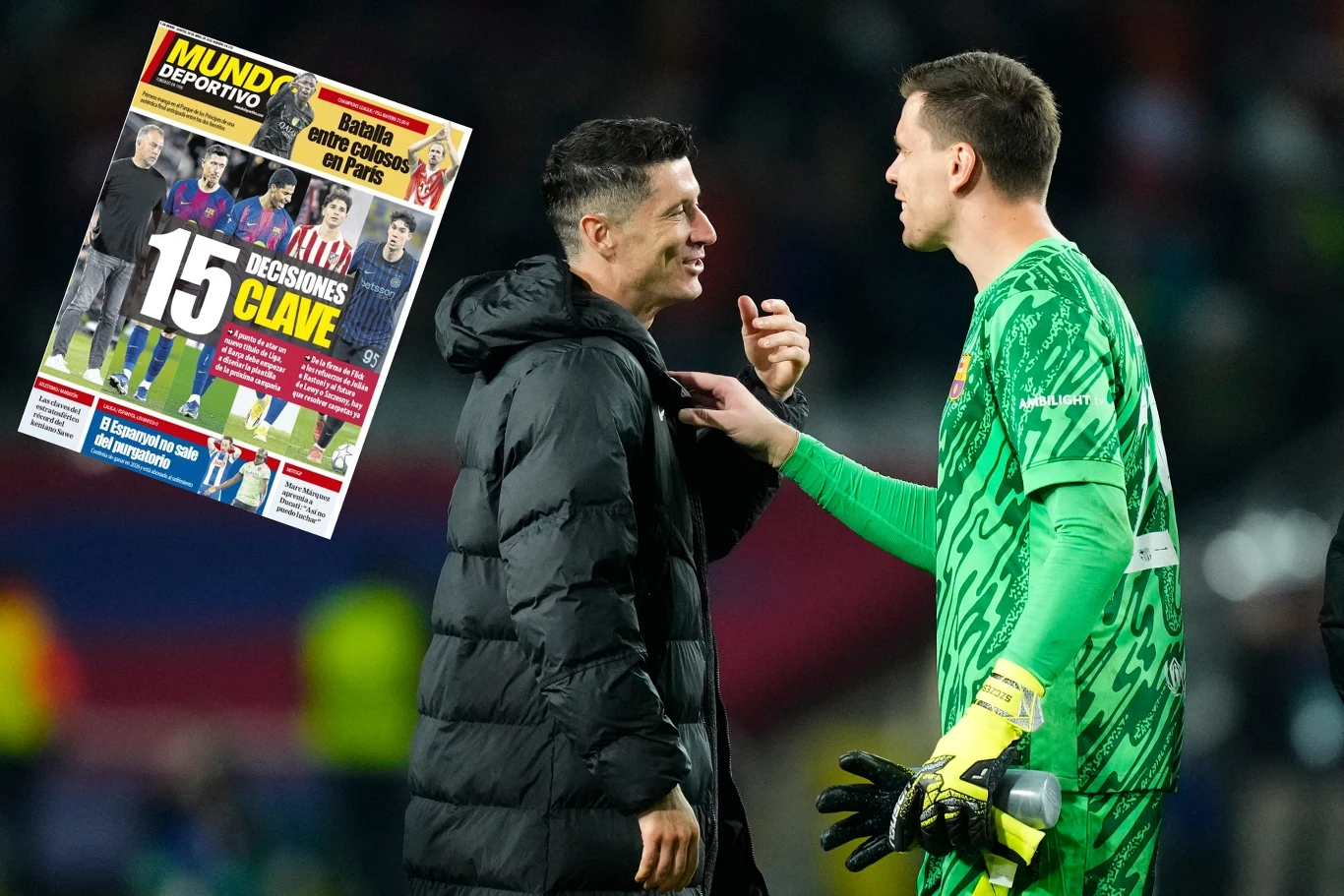 Co dalej z przyszłością Lewandowskiego i Szczęsnego w Barcelonie? Hiszpanie przyjrzeli się m.in. sytuacji Polaków Lewandowski i Szczęsny na tle stadionu, jeden w kurtce, drugi bramkarz w żółtych rękawicach, widoczna okładka magazynu „15 DECISIONES CLAVE”