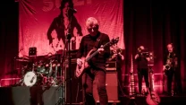 gitarzysta występuje na scenie na pierwszym planie, w tle perkusista oraz dwaj muzycy grający na instrumentach dętych, scenę oświetlają czerwone światła, a za zespołem wisi duży baner z wizerunkiem kobiety