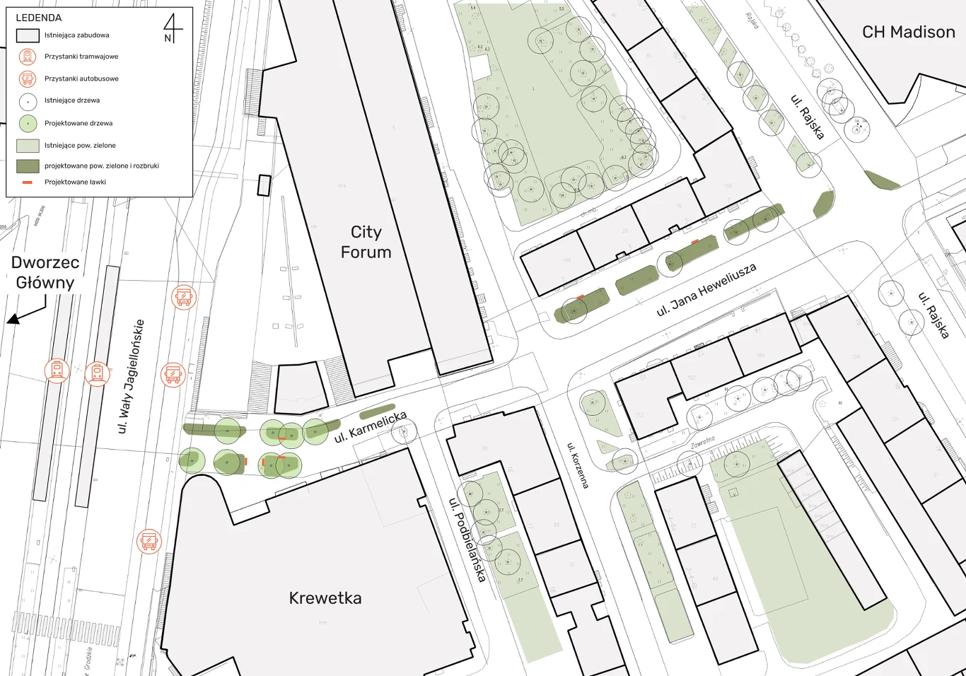 plan urbanistyczny z oznaczeniem głównych ulic, budynków użyteczności publicznej, dworca kolejowego i terenów zielonych w centralnej części mapy oraz wyraźnie zaznaczonymi obszarami przeznaczonymi pod nasadzenia drzew i krzewów