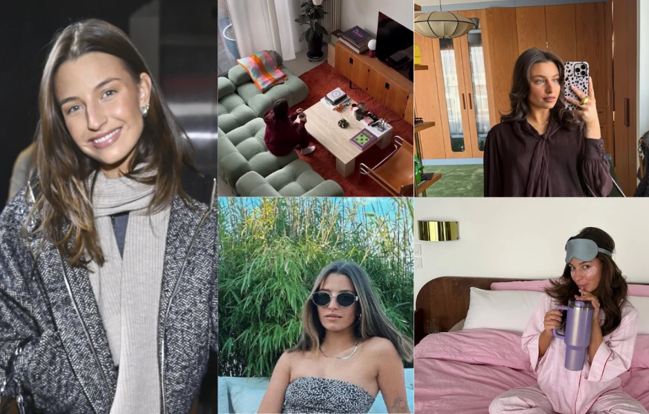 pięć różnych ujęć młodej kobiety: elegancki portret z uśmiechem, widok z góry podczas pracy przy komputerze w domowym wnętrzu, selfie w lustrze w ciemnej bluzce, relaks na świeżym powietrzu w okularach przeciwsłonecznych oraz wypoczynek w różowej piżam...