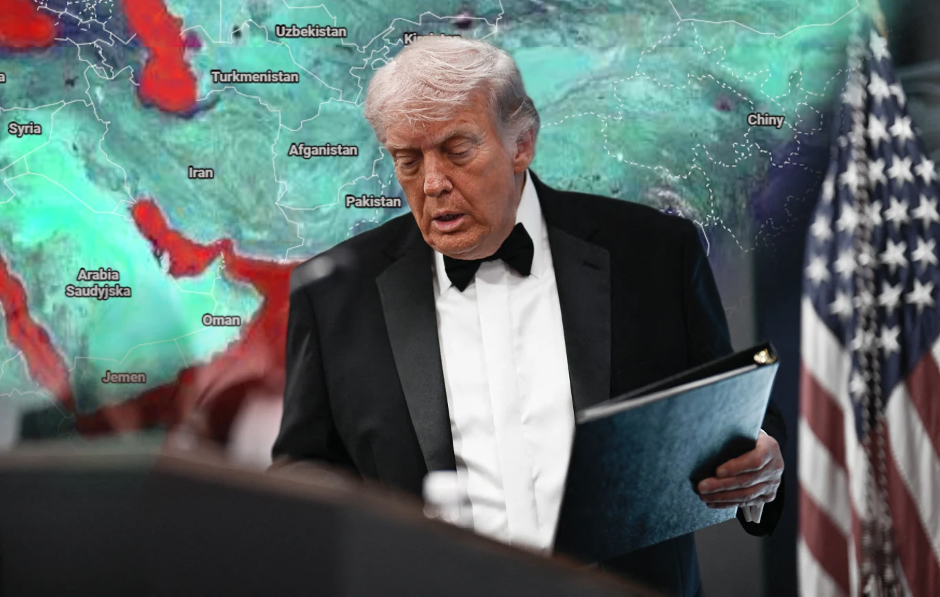 Iran: USA nie są w pozycji do dyktowania warunków Donald Trump w smokingu z czarną teczką przy mapie Bliskiego Wschodu, obok flaga USA.