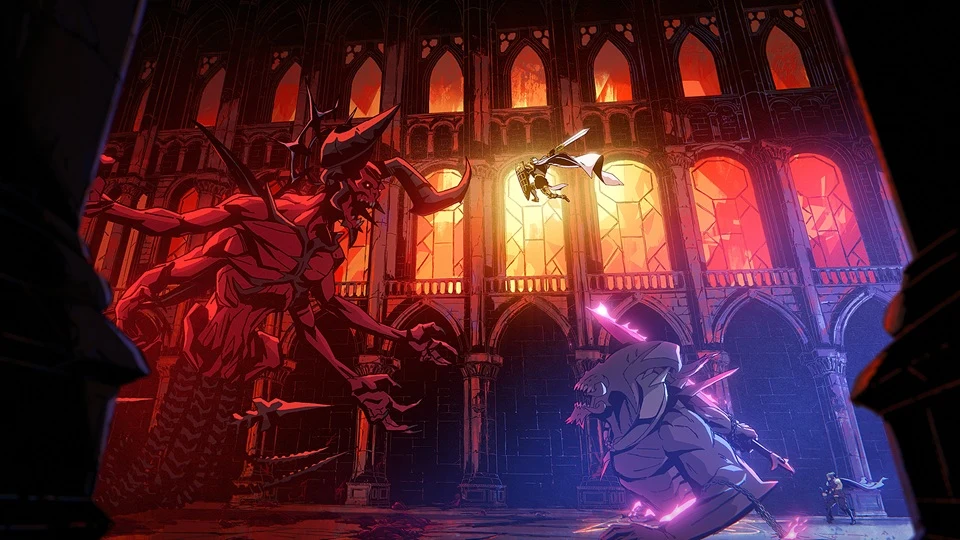 Diablo IV x Korn Gigantyczny demon z rogami i wieloma ramionami walczy z wojownikami w katedrze z czerwonymi witrażami.