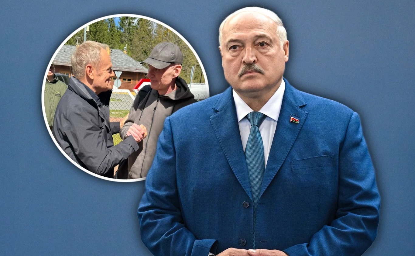 Alaksandr Łukaszenka zgodził się uwolnienie Andrzeja Poczobuta Alaksandr Łukaszenka w niebieskim garniturze na tle niebieskiej ściany; obok zdjęcie uścisku dłoni dwóch mężczyzn na zewnątrz.