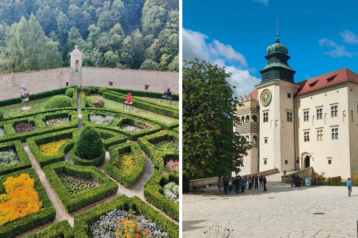 Po lewej regularny ogród z geometrycznymi rabatami kwiatowymi i przyciętymi krzewami otoczony murami, po prawej historyczny budynek z wieżą zegarową i czerwonym dachem, przed którym stoi grupa ludzi na brukowanym placu.