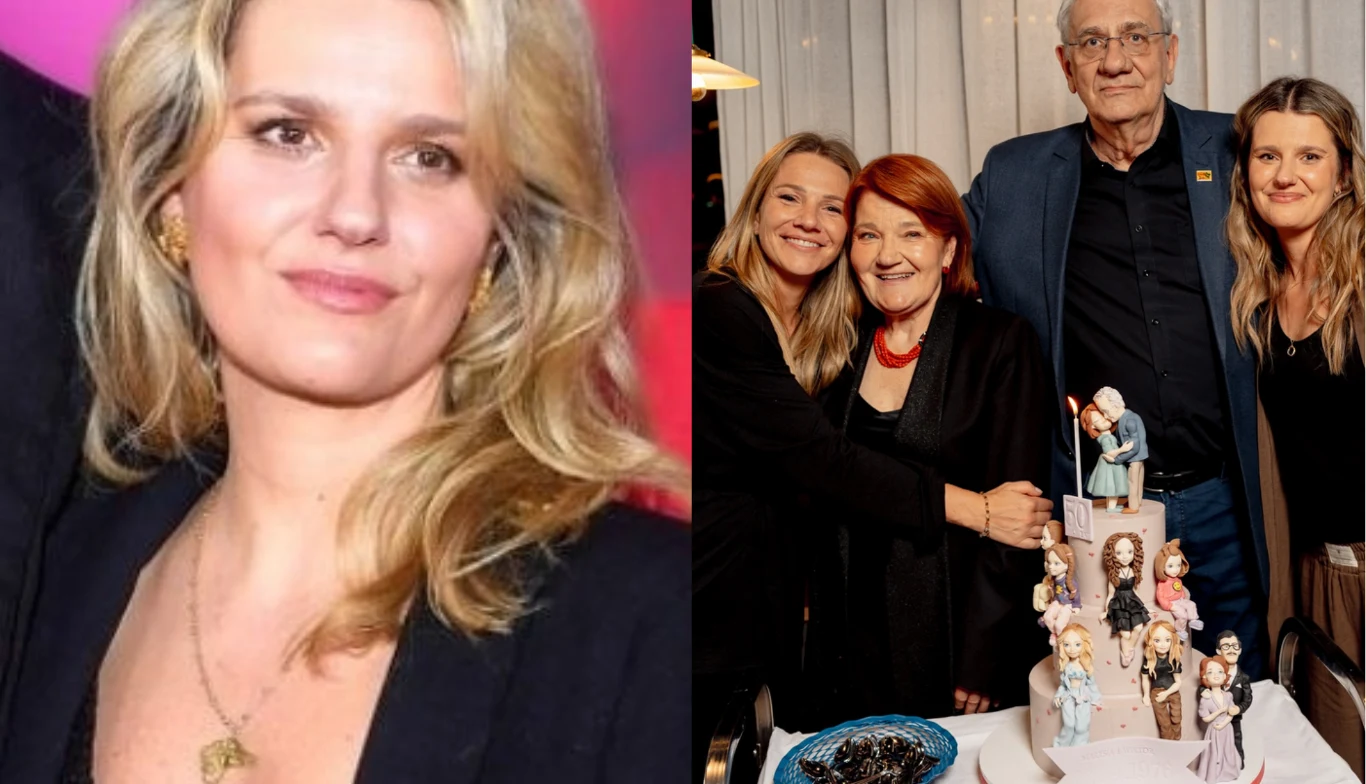 Po lewej stronie portret uśmiechniętej kobiety o jasnych włosach w czarnym ubraniu, po prawej czteroosobowa grupa, obejmująca się przy ozdobionym torcie z figurkami postaci, wśród nich starsza kobieta i mężczyzna w okularach.