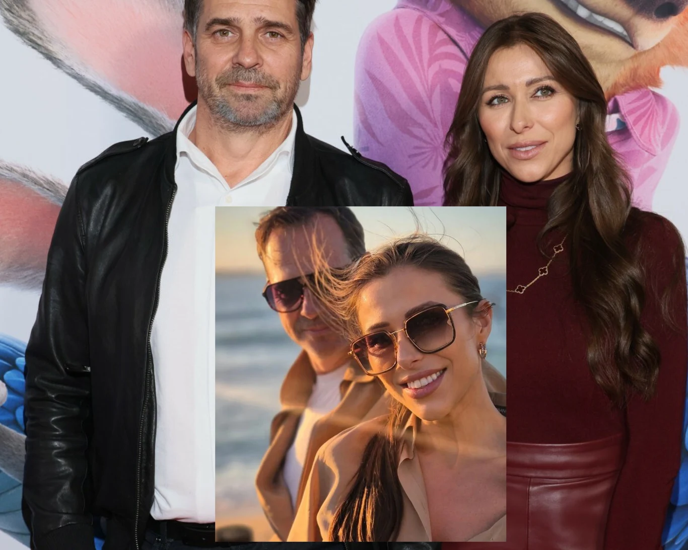 Para ubrana elegancko pozuje razem na tle kolorowej grafiki; na środku nałożone zdjęcie, na którym kobieta i mężczyzna uśmiechają się, stojąc blisko siebie na plaży, oboje mają na sobie okulary przeciwsłoneczne.