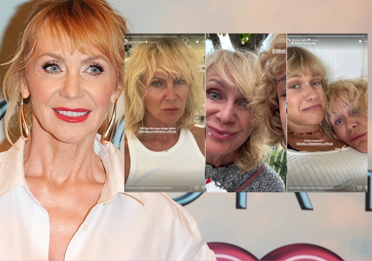 kobieta z blond włosami i wyrazistym makijażem pozuje do zdjęcia w białej koszuli, obok znajdują się trzy zdjęcia przedstawiające ją wraz z inną blondynką w różnych sytuacjach – na zbliżeniach i w swobodnych, codziennych momentach