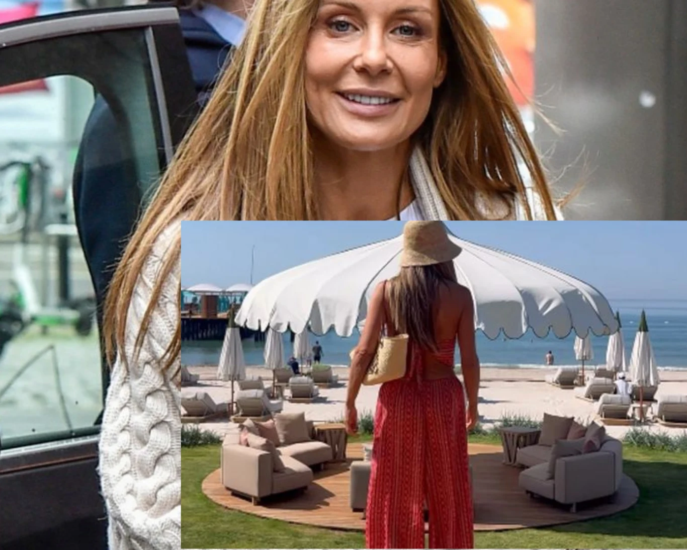 kobieta z długimi, jasnobrązowymi włosami i naturalnym makijażem, uśmiechnięta, ubrana w jasny sweter stojąca obok otwartych drzwi samochodu; nałożone drugie zdjęcie przedstawia osobę w czerwonej sukience i kapeluszu, stojącą tyłem przed dużym, białym ...