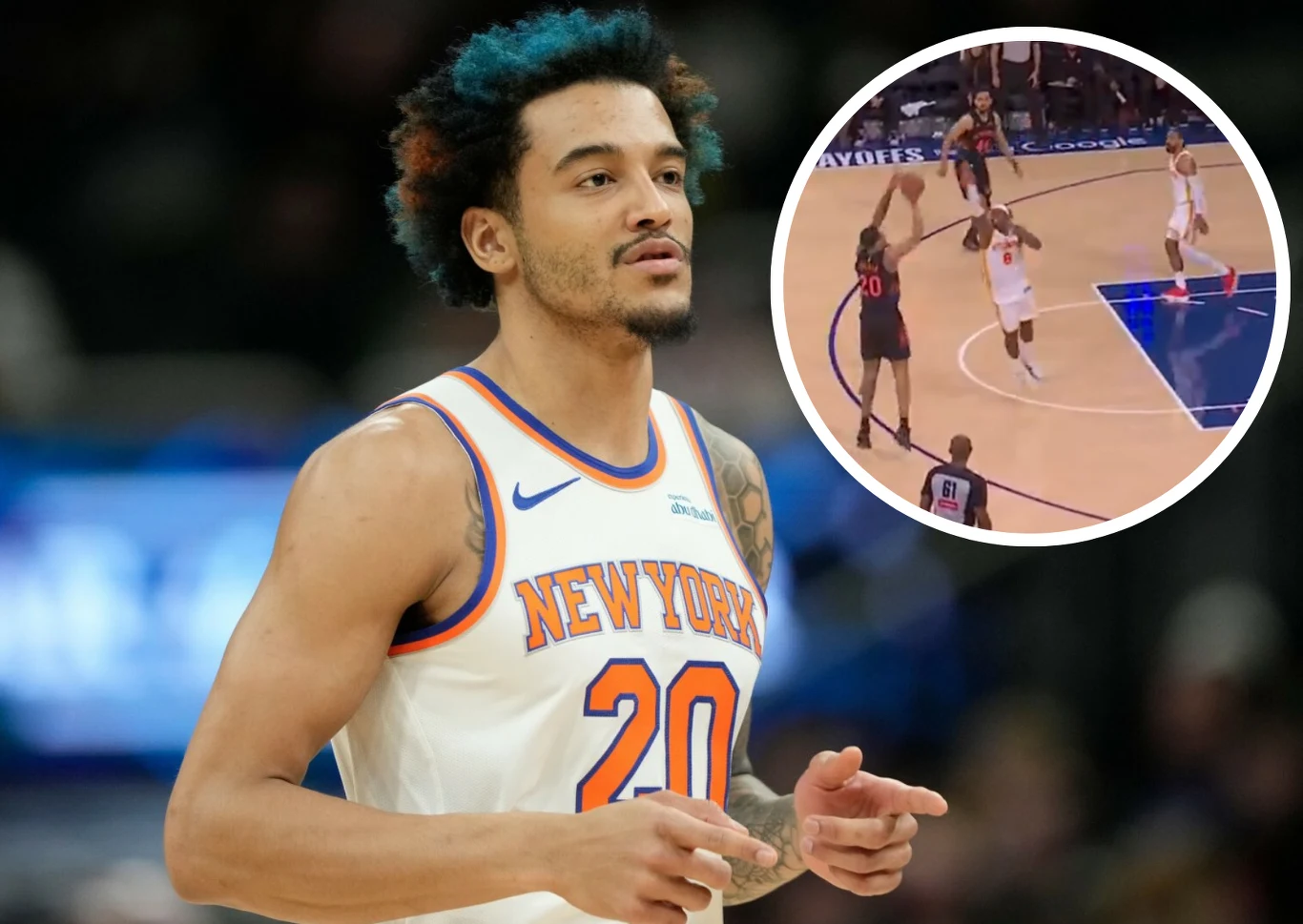 Jeremy Sochan Jeremy Sochan w białym stroju New York Knicks z numerem 20 na parkiecie; obok akcja meczu z rzutem do kosza.