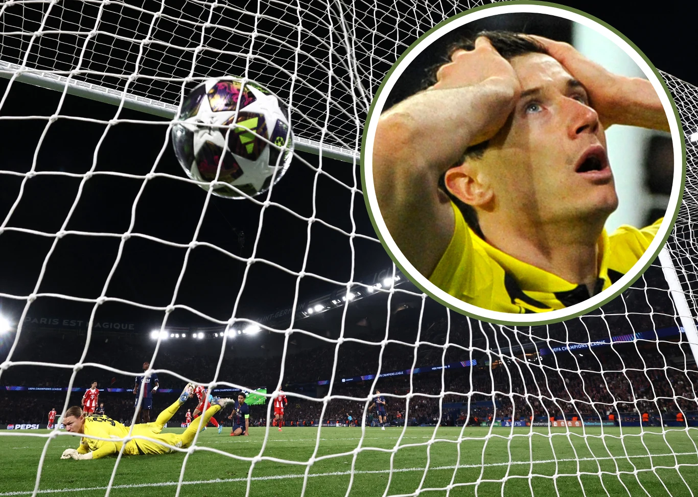 Na zdjęciu kadr z meczu PSG - Bayern oraz Robert Lewandowski jeszcze w barwach BVB Kadr z meczu PSG - Bayern; Robert Lewandowski w barwach BVB, piłka wpada do bramki, bramkarz na ziemi.