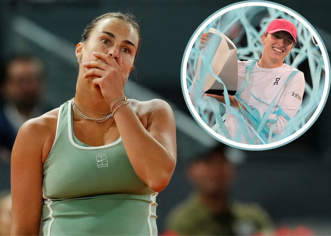 Na zdjęciu Aryna Sabalenka oraz Iga Świątek po triumfie w Madrycie sprzed dwóch lat Aryna Sabalenka z dłonią przy ustach oraz Iga Świątek z trofeum i serpentynami po finale w Madrycie.