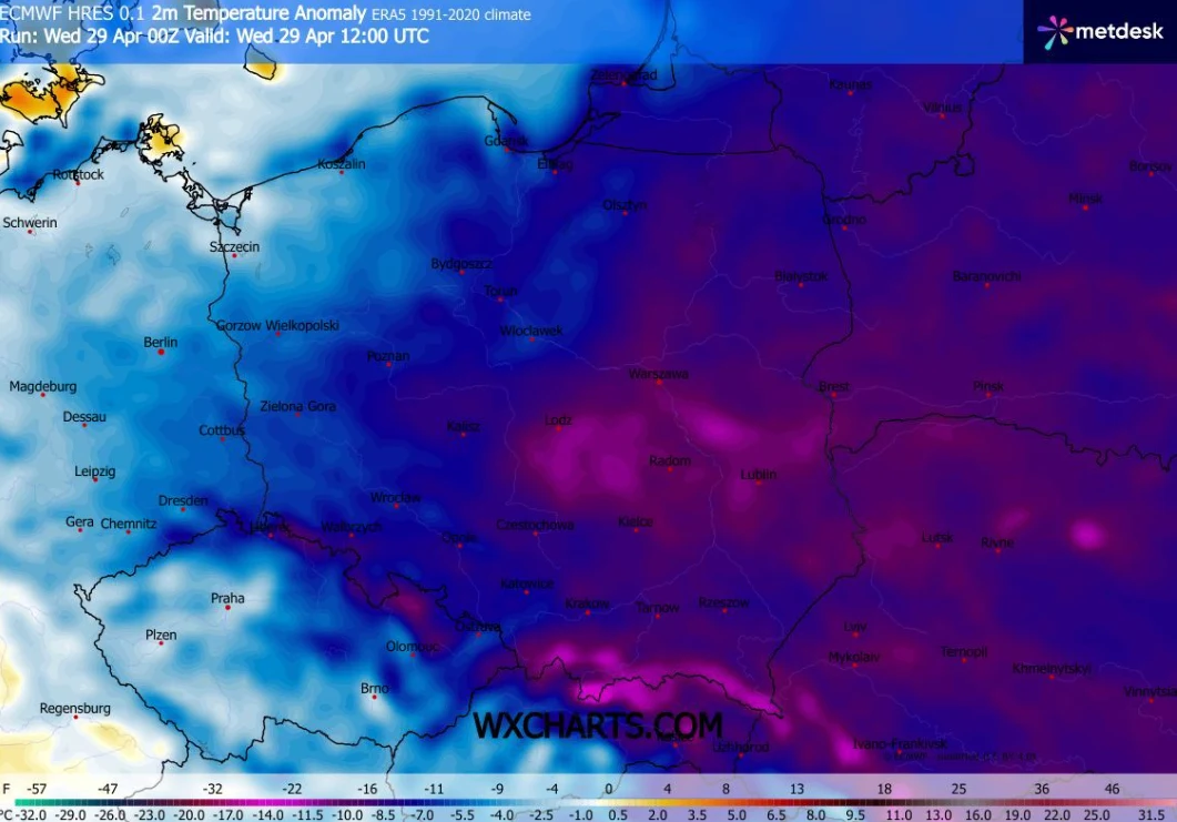 Środa będzie chłodnym dniem w całej Polsce. Największa ujemna anomalia temperatury wystąpi na wschodzie Mapa Polski z zaznaczonymi anomaliami temperatury, ukazująca zachodnią część kraju w kolorach niebieskich i żółtych symbolizujących wyższe temperatury, podczas gdy centralna i wschodnia Polska pokryte są intensywnymi fioletami i różami, wskazującymi na...