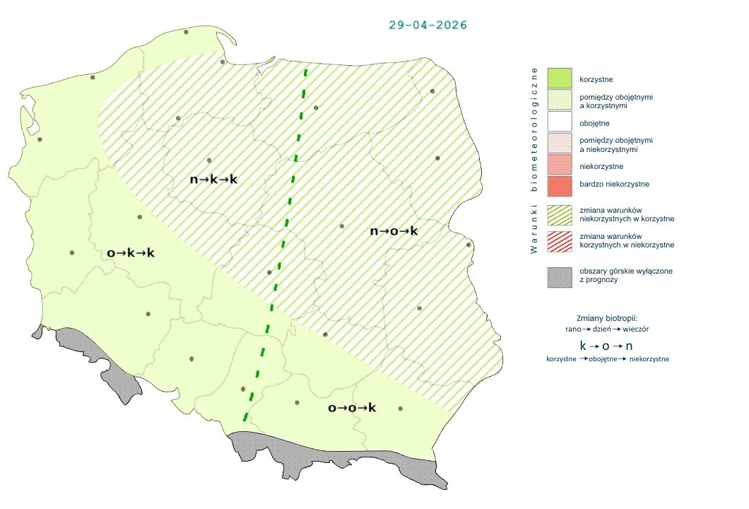 W ciągu dnia warunki przeważnie będą korzystne, choć lokalnie może je osłabiać silniejszy wiatr Mapa Polski z oznaczeniem stanu bioklimatu na 29 kwietnia 2026, podzielona kolorystycznie według korzystnych i niekorzystnych warunków bioklimatycznych, z zaznaczonymi liniami zmian bioklimatu i obszarami o różnym poziomie korzystności; większość zacho...
