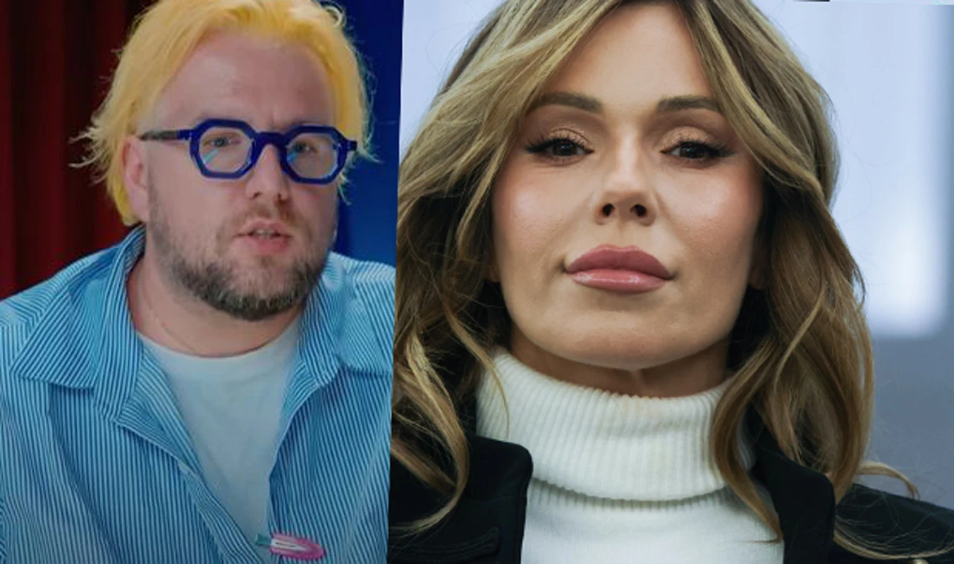 Po lewej stronie mężczyzna z jasnymi, żółto-blond włosami, brodą i okrągłymi okularami w niebieskich oprawkach, ubrany w niebieską koszulę na białym t-shircie; po prawej twarz kobiety z długimi falowanymi włosami, widoczna w białym golfie i czarnej mar...