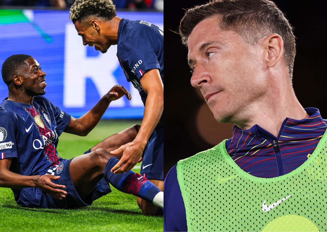 Ousmane Dembele, Desire Doue i Robert Lewandowski Ousmane Dembele i Desire Doue z PSG świętują na boisku; obok Robert Lewandowski patrzy w bok.