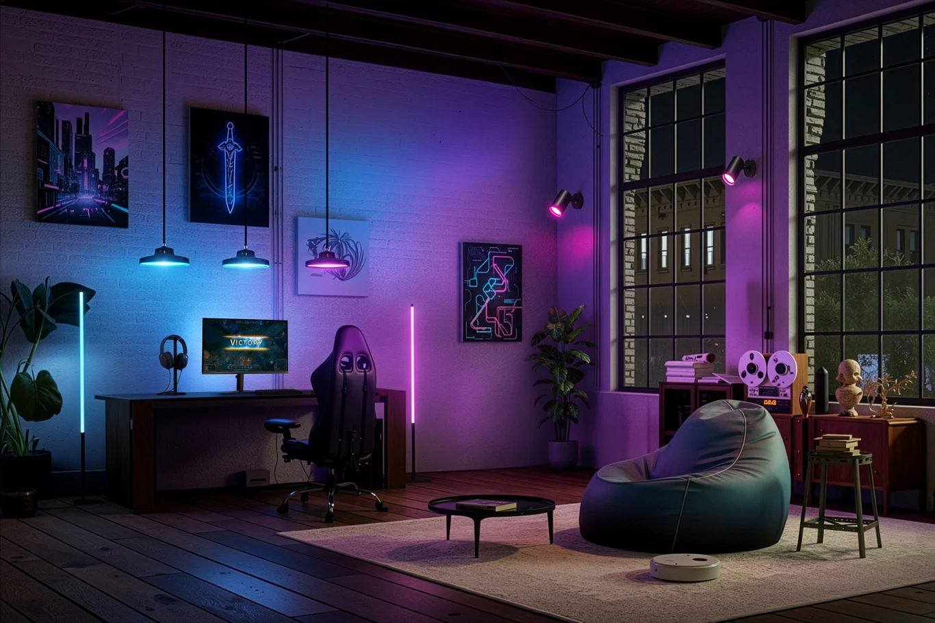 AmbiScape Gaming Room Nowoczesny pokój gamingowy z biurkiem, komputerem, fotelem, LED-owym oświetleniem AmbiScape i oknami na miasto