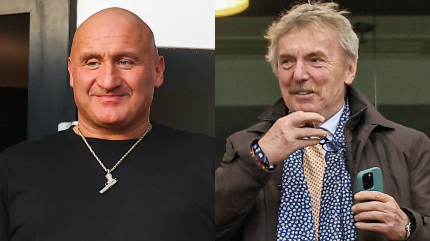 Marcin Najman, Zbigniew Boniek Marcin Najman i Zbigniew Boniek stoją obok siebie; Najman w ciemnej koszulce z łańcuchem, Boniek w marynarce.
