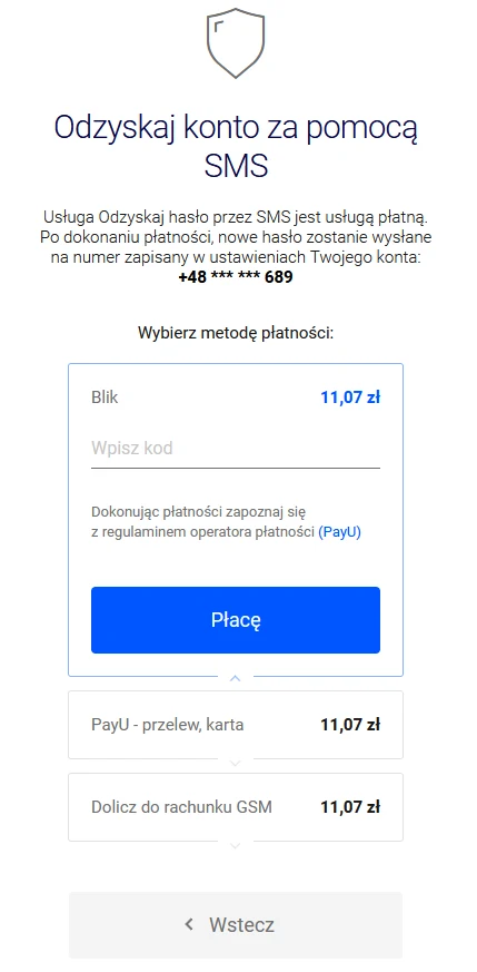 Panel odzyskiwania konta za pomocą SMS z trzema opcjami płatności: Blik, PayU oraz doliczenie do rachunku GSM, każda z widoczną ceną 11,07 zł; pole na wpisanie kodu Blik, duży niebieski przycisk 'Płacę', informacja o ochronie numeru telefonu z częściow...