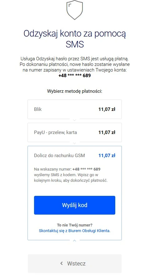 Ekran formularza umożliwiający odzyskanie konta za pomocą SMS, z wyborem trzech metod płatności oraz wyraźnie zaznaczonym przyciskiem 'Wyślij kod', numerem telefonu kończącym się na 689 i informacją o opłacie 11,07 zł za usługę.