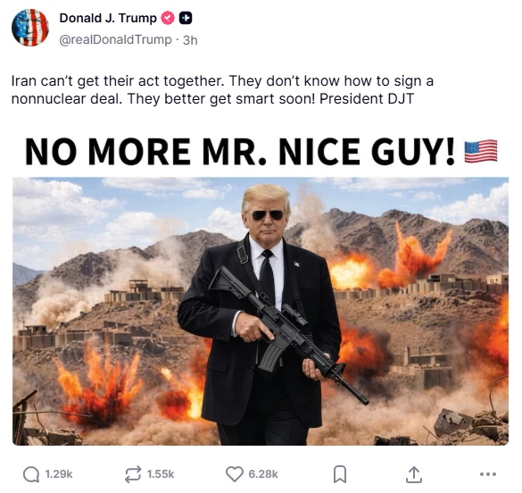 Wpis Donalda Trumpa na platformie Truth Social Donald Trump w garniturze i okularach przeciwsłonecznych stoi na pierwszym planie z dużym karabinem w rękach; w tle górzysty krajobraz oraz liczne wybuchy i płomienie obejmujące budynki.