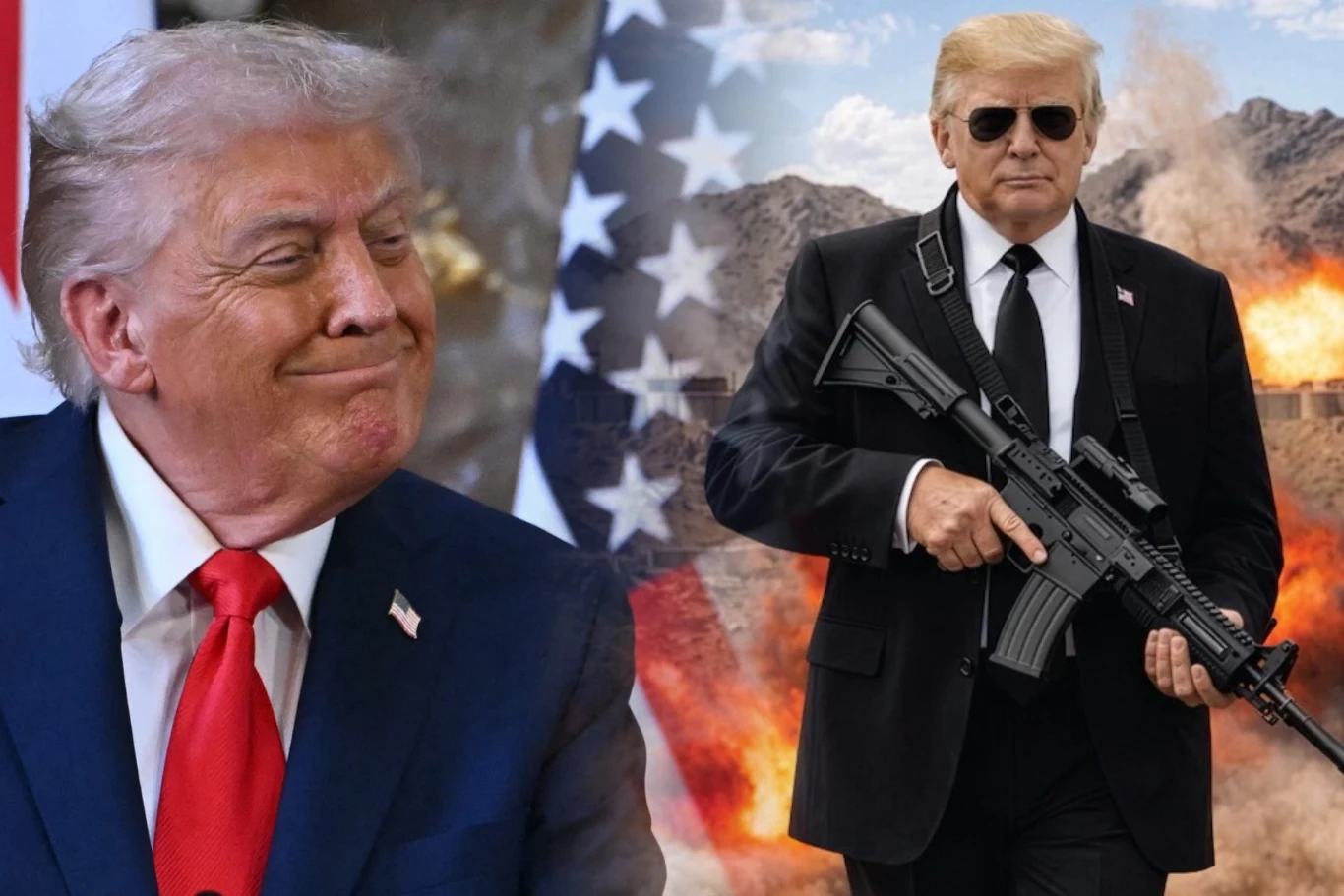 Donald Trump zwrócił się do Iranu, dołączył przerobione zdjęcie Donald Trump w garniturze; obok Donald Trump z karabinem na tle flagi USA, eksplozji i gór