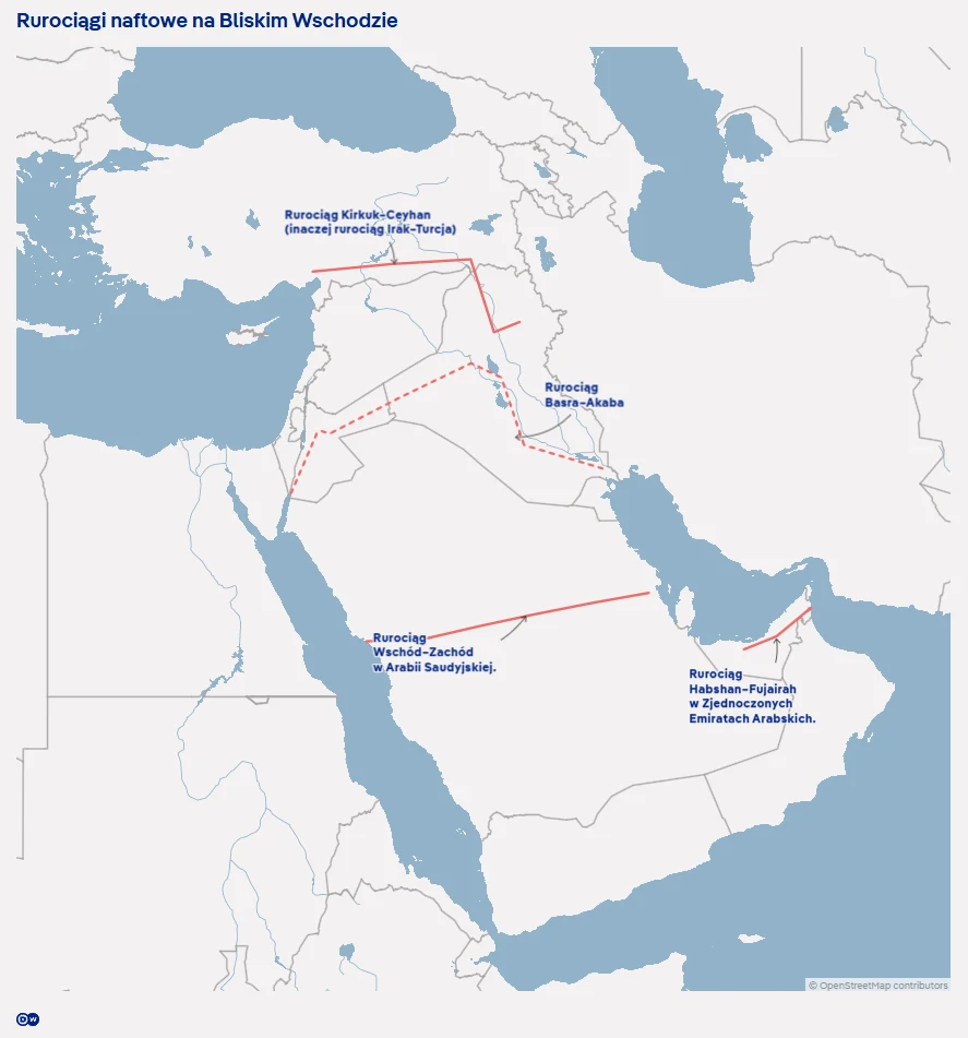 Mapa Bliskiego Wschodu z zaznaczonymi głównymi rurociągami naftowymi, w tym rurociągiem Kirkuk-Ceyhan do Turcji, rurociągiem Baku-Ashkhabad, rurociągiem Wschód-Zachód w Arabii Saudyjskiej oraz rurociągiem Habshan-Fudżajra w Zjednoczonych Emiratach Arab...
