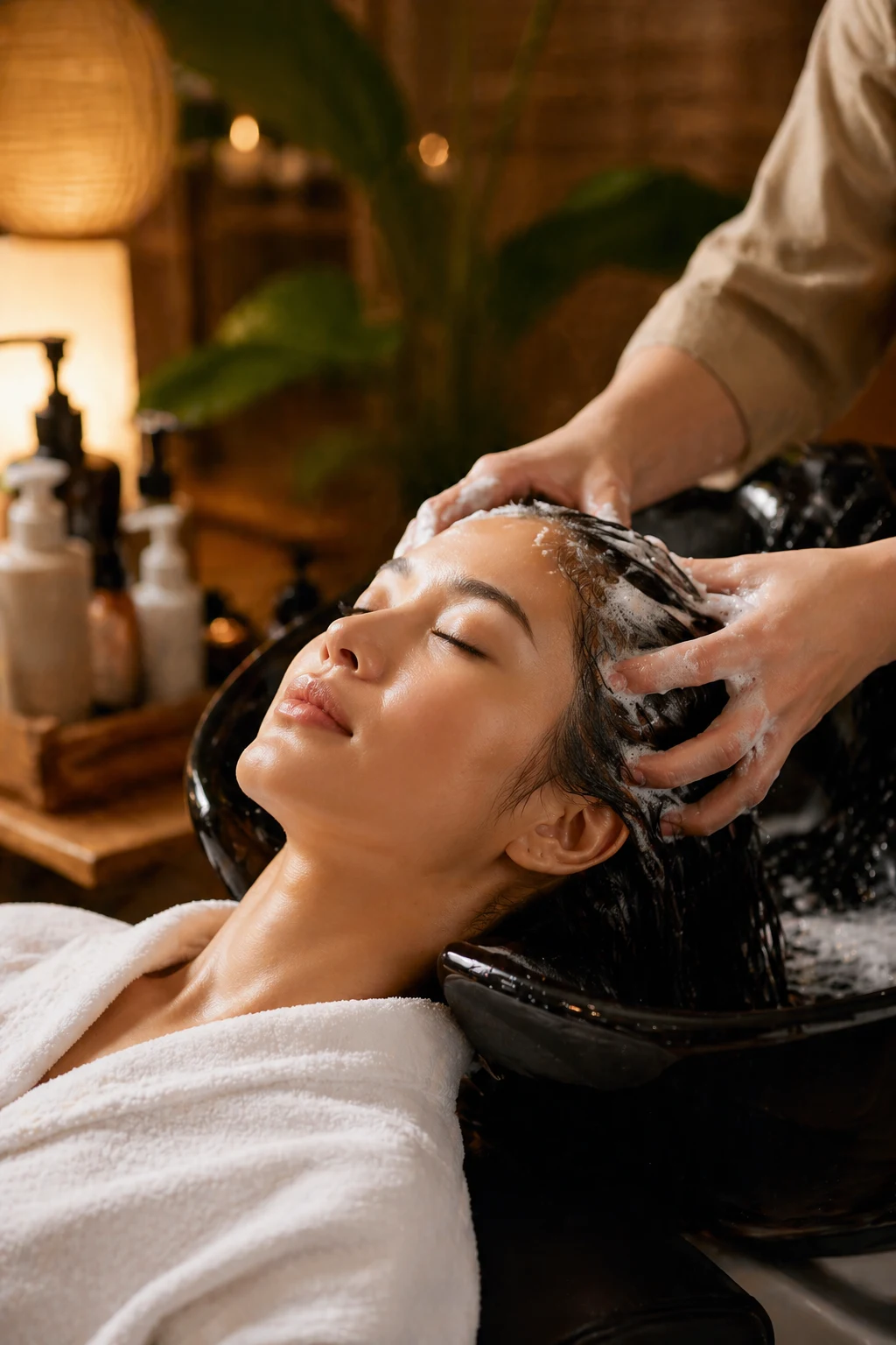 kobieta w białym szlafroku relaksuje się podczas mycia głowy w salonie fryzjerskim, fryzjer delikatnie masuje jej skórę głowy pianą, w tle widoczne butelki z kosmetykami i rośliny