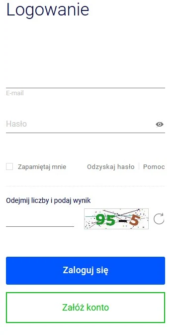 captcha Formularz logowania z polami do wpisania adresu e-mail i hasła, opcjami zapamiętania danych i odzyskiwania hasła, polem do rozwiązania prostego działania matematycznego oraz dwoma przyciskami: niebieskim do logowania i zielonym do założenia konta.