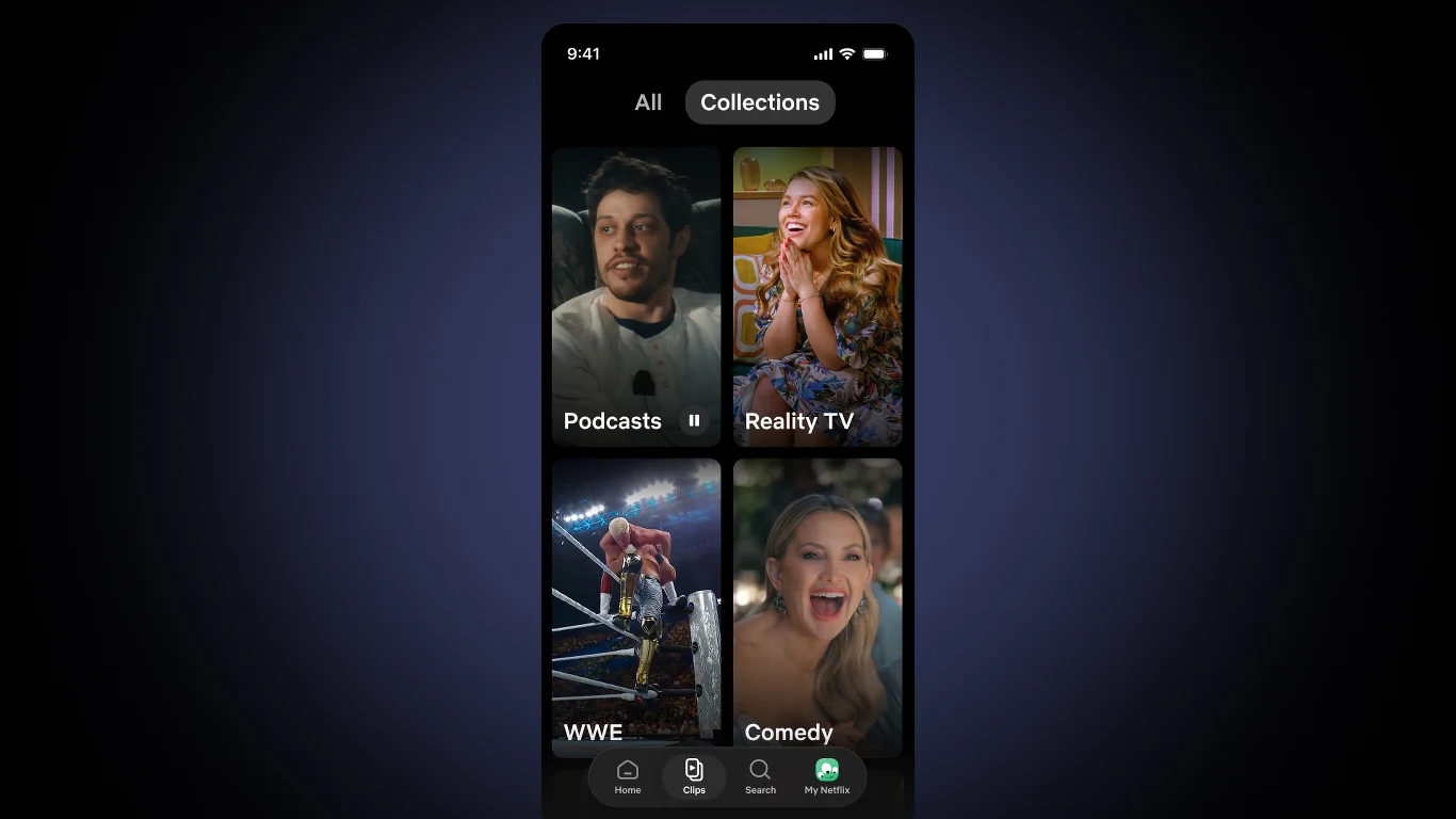 Ekran smartfona z czterema dużymi kategoriami multimediów: Podcasts, Reality TV, WWE oraz Comedy, z wyraźnymi zdjęciami reprezentującymi każdą z nich, u góry dostępne zakładki All i Collections, na dole paski nawigacyjne aplikacji.