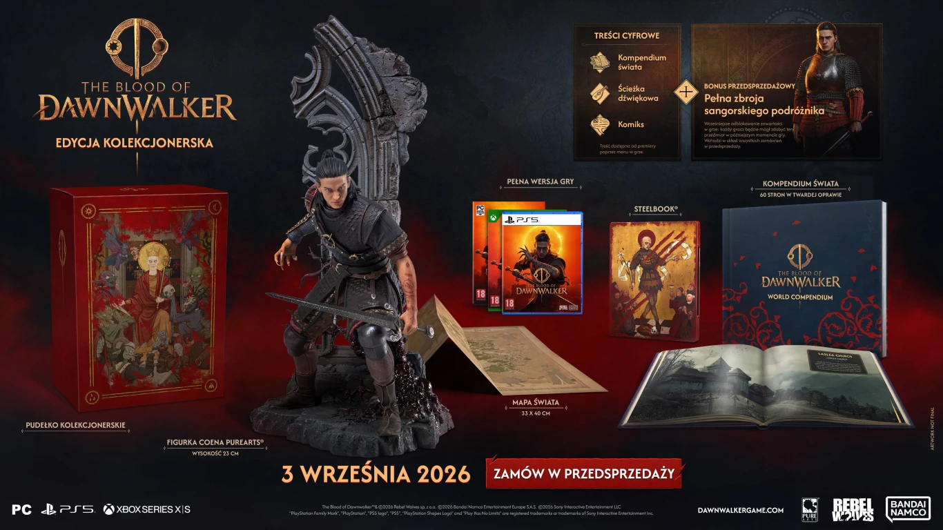 figurka wojownika stojącego z mieczem na tle ozdobnego tronu, obok niej steelbook, artbook, ekskluzywna mapa świata, komplet kart kolekcjonerskich oraz specjalne opakowanie, wszystko jako elementy edycji kolekcjonerskiej gry The Blood of Dawnwalker zap...