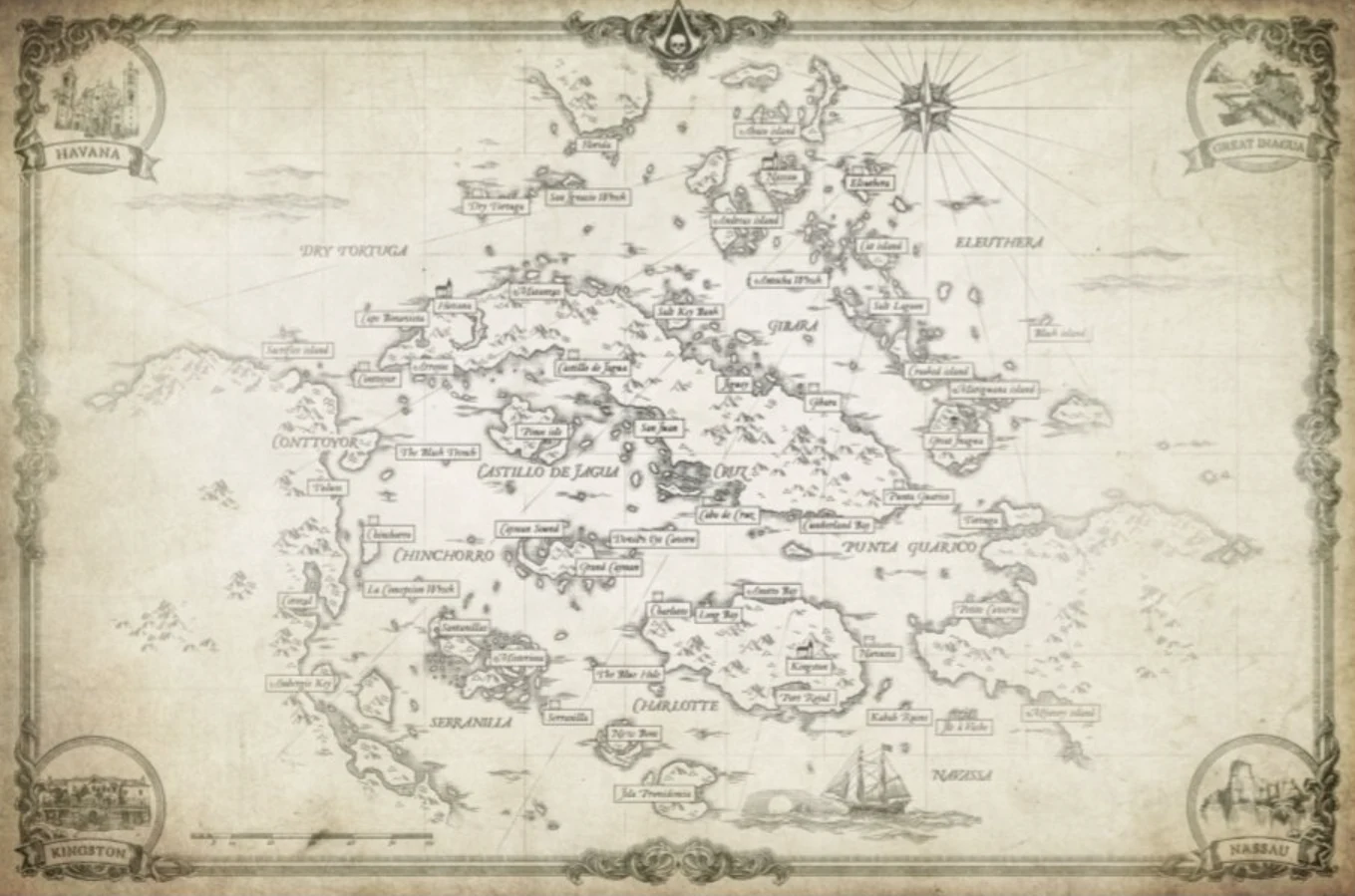 Assassin's Creed Black Flag Resynced Mapa z Assassin's Creed Black Flag Resynced z wyspami, nazwami miejsc, kompasem i rysunkiem statku w ramce.