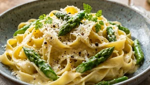 Tagliatelle ze szparagami oraz sosem z żółtek i pecorino romano