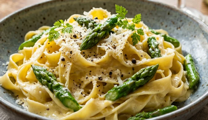 Tagliatelle ze szparagami oraz sosem z żółtek i pecorino romano